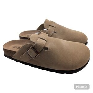ODOLY Women Suede Clogs Soft Cork Footbed Leather Mules Taupe EU 39